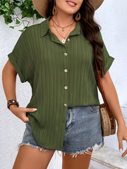  Textured Batwing Sleeve Button Up Blouse