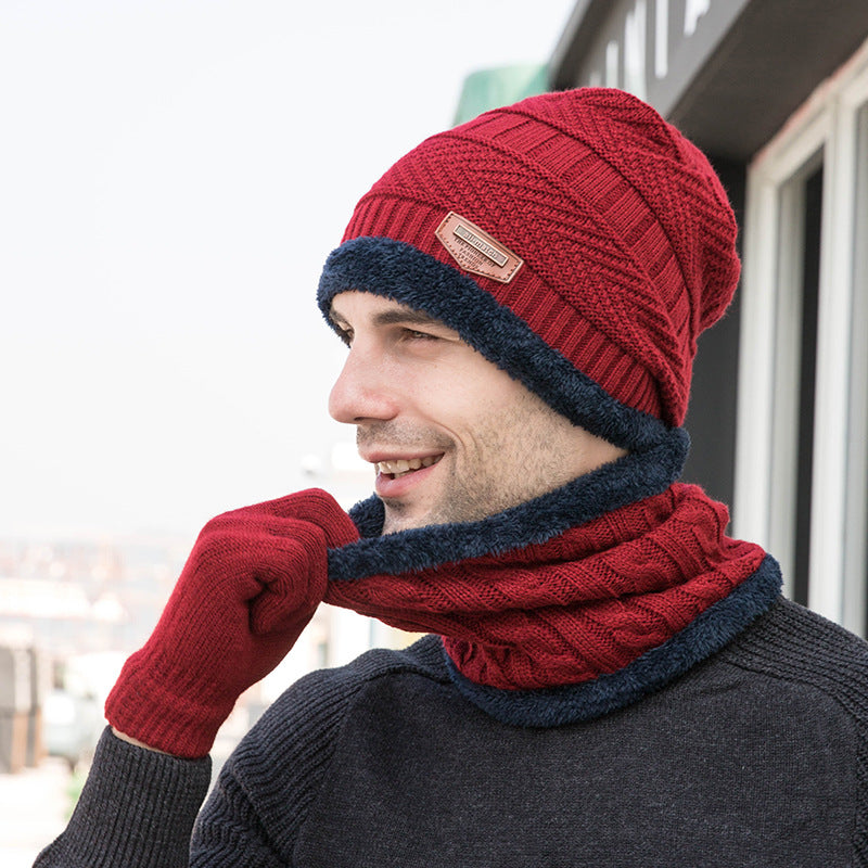 3pcs Casual Fleece Knitted Men's Outdoor Warm Hat Halter Gloves
