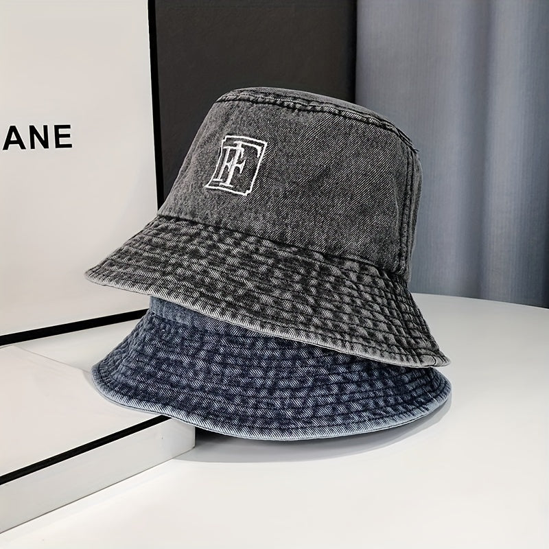 Embroidery Denim Bucket Hat Washed Distressed Vintage Basin Hat