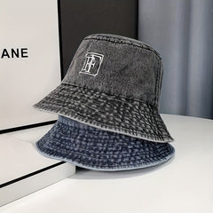 Embroidery Denim Bucket Hat Washed Distressed Vintage Basin Hat