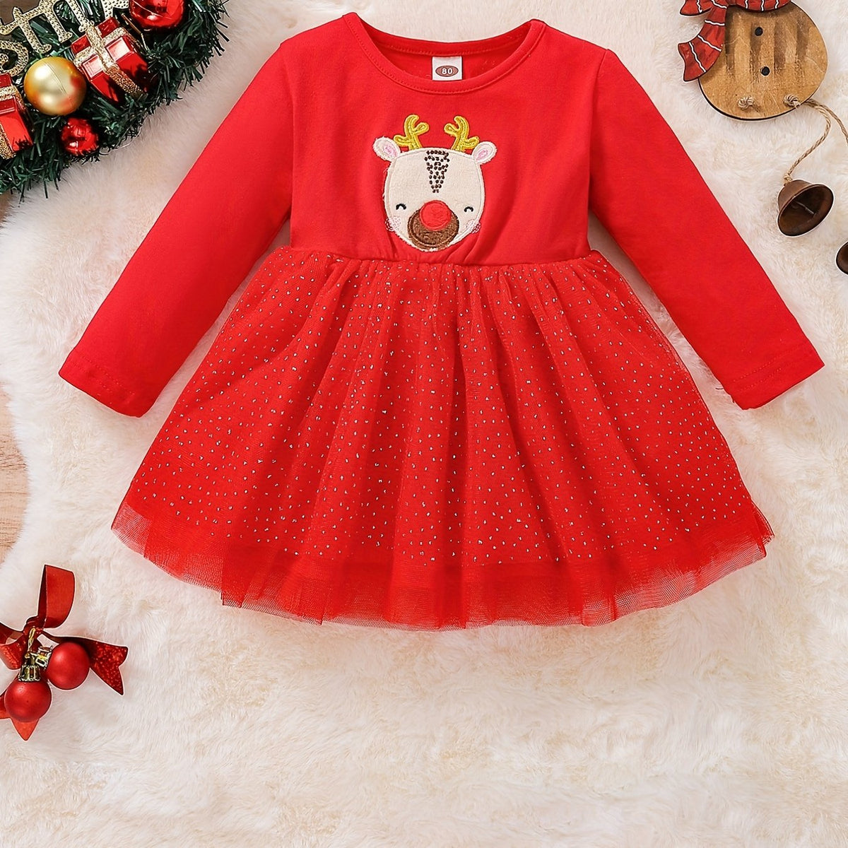Baby Girls Christmas Fawn Patch Snowflake Dot Mesh Skirt Swing Dress