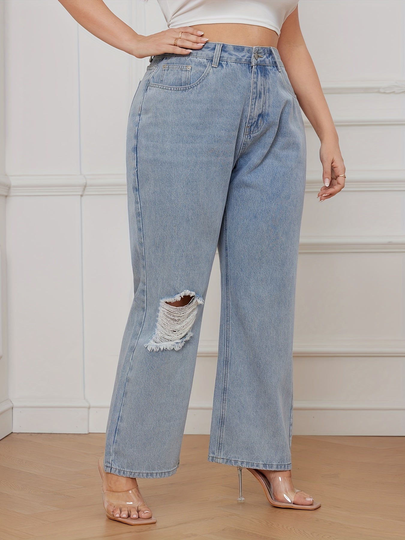  Ripped High Rise Straight Leg Jeans