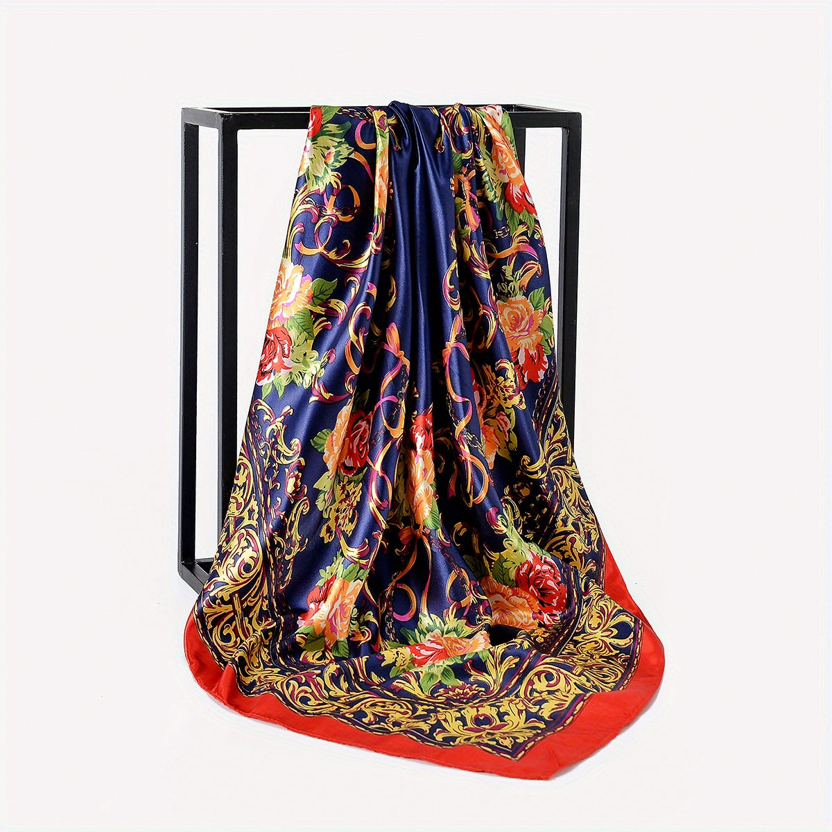 Boho Floral Print Satin Bandana Vintage Square Scarf Silk Shawl