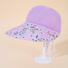 Flower Print Sun Hat Hollow Knitted Lace Up Visor Hat