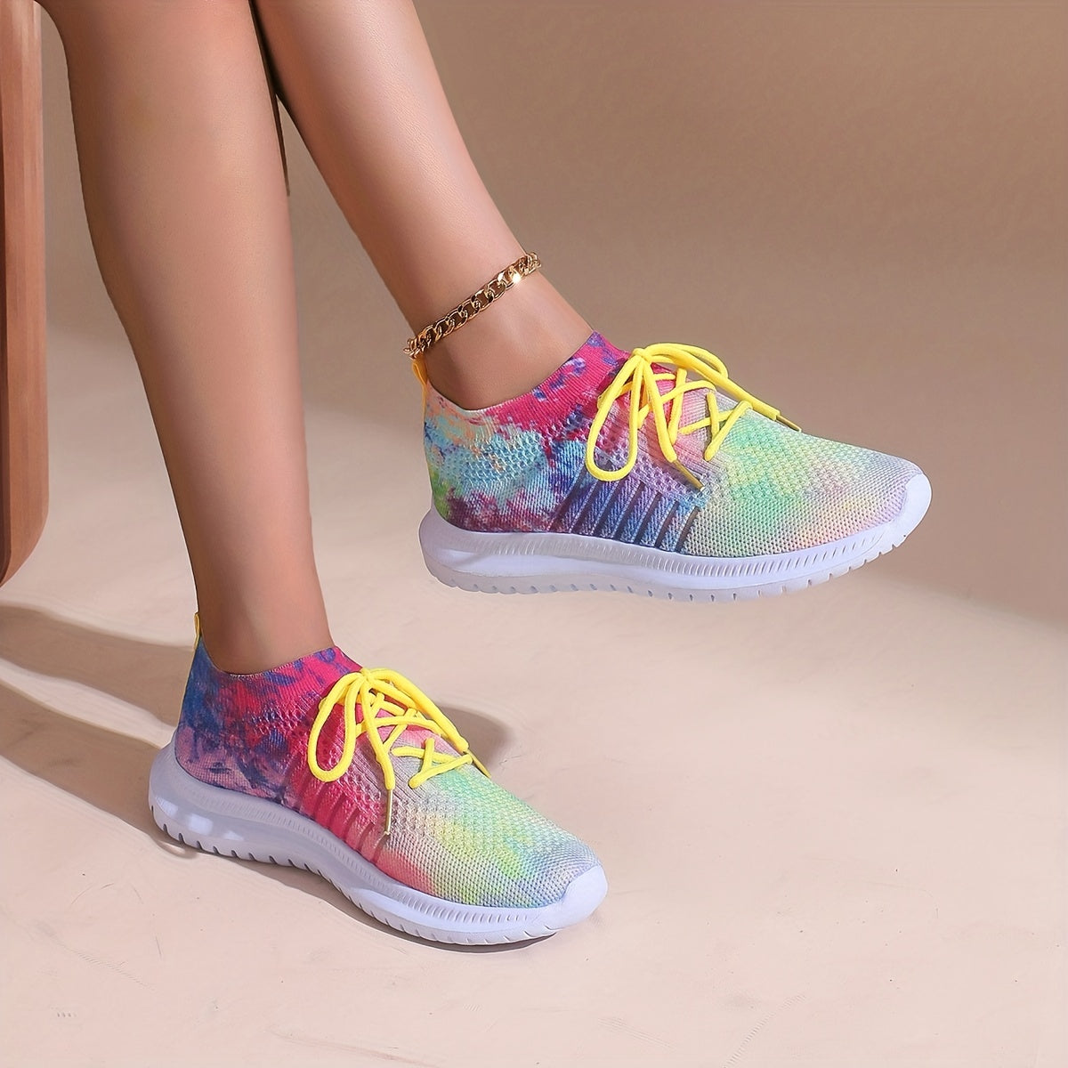 Tie Dye Mesh Breathable Woven Shoes Soft Thick Bottom Sneakers