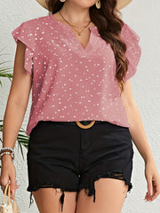  Heart Print V Neck Blouse Ruffle Sleeve Casual Blouse