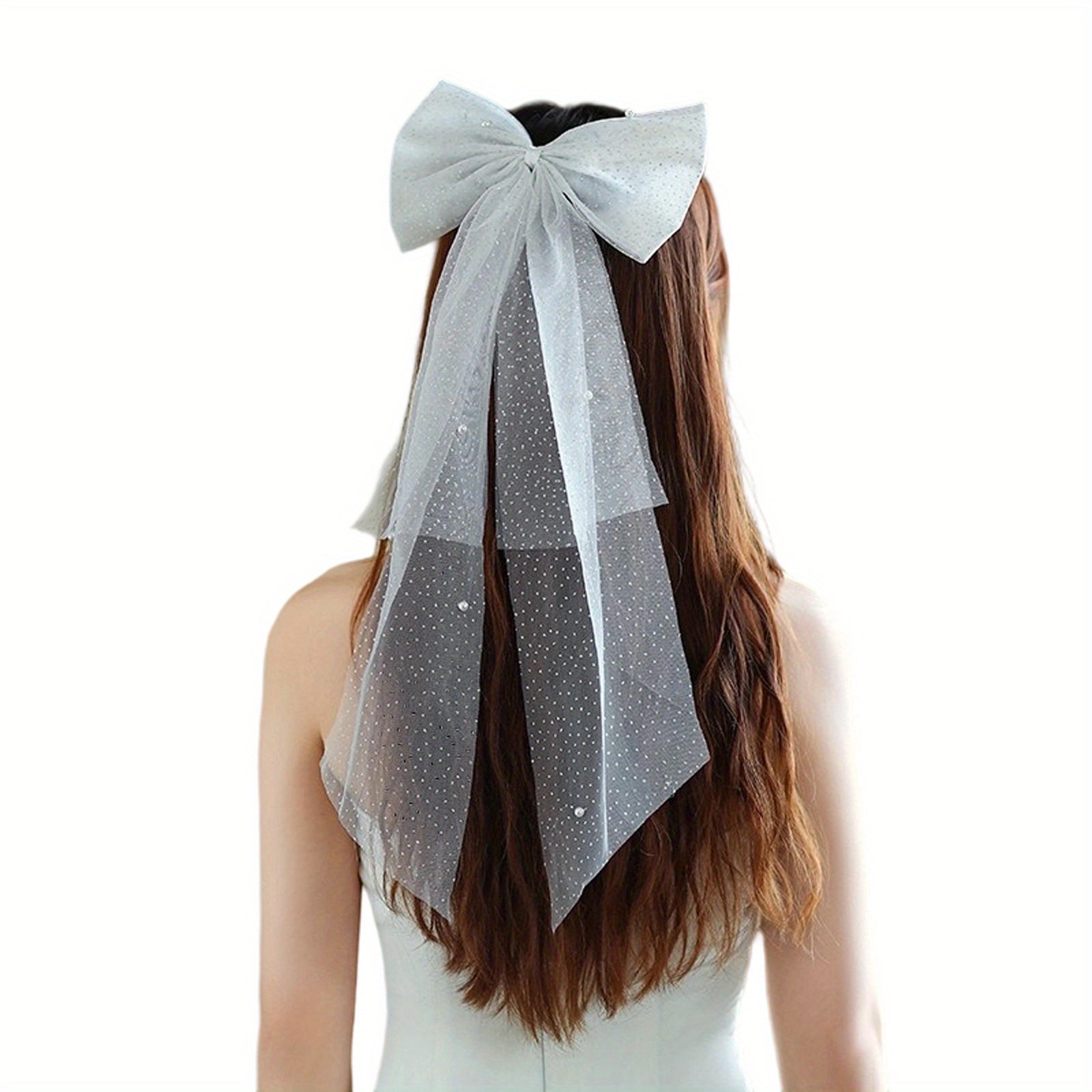 Bridal Hair Bow with Flowing Mesh Veil Wedding Prom Hair Accessory