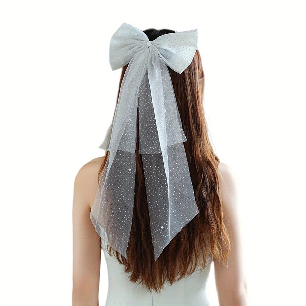 Bridal Hair Bow with Flowing Mesh Veil Wedding Prom Hair Accessory