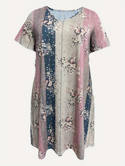  Floral Print Colorblock V Neck Short Sleeve Dress