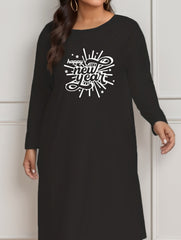  Lounge Dress Women's Tee Dress Long Sleeve Slogan Print Round Neck