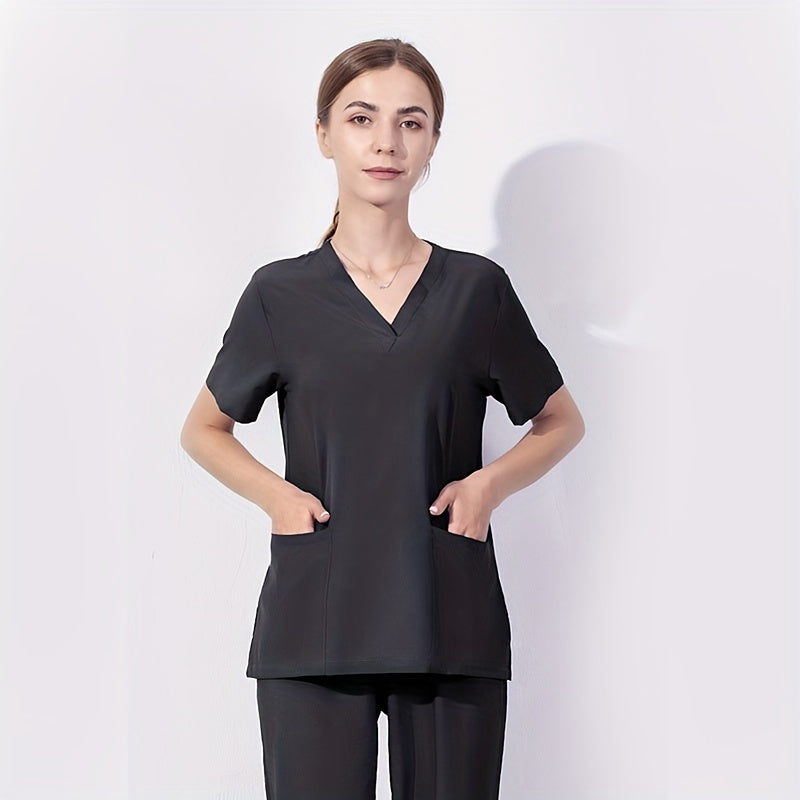 Zipper Pocket Front Scrub Tops Short Sleeve Work Tops For Nurse Women