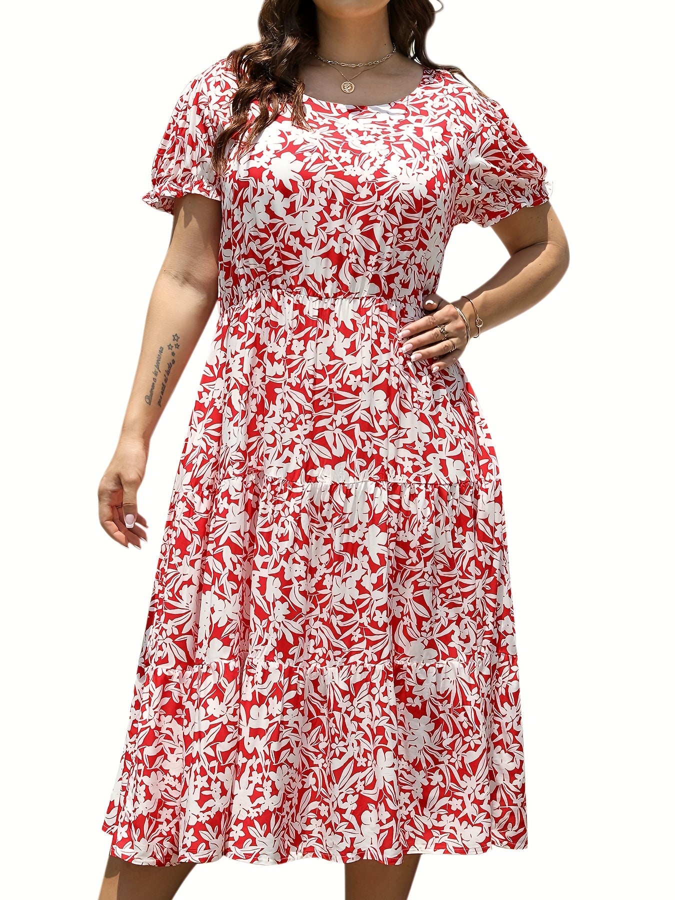  Women's Floral Print Round Neck Midi Smock Dress