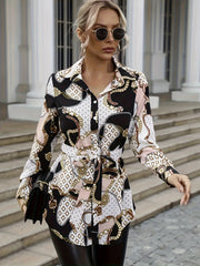  Colorblock Chain Print Button Up Blouse