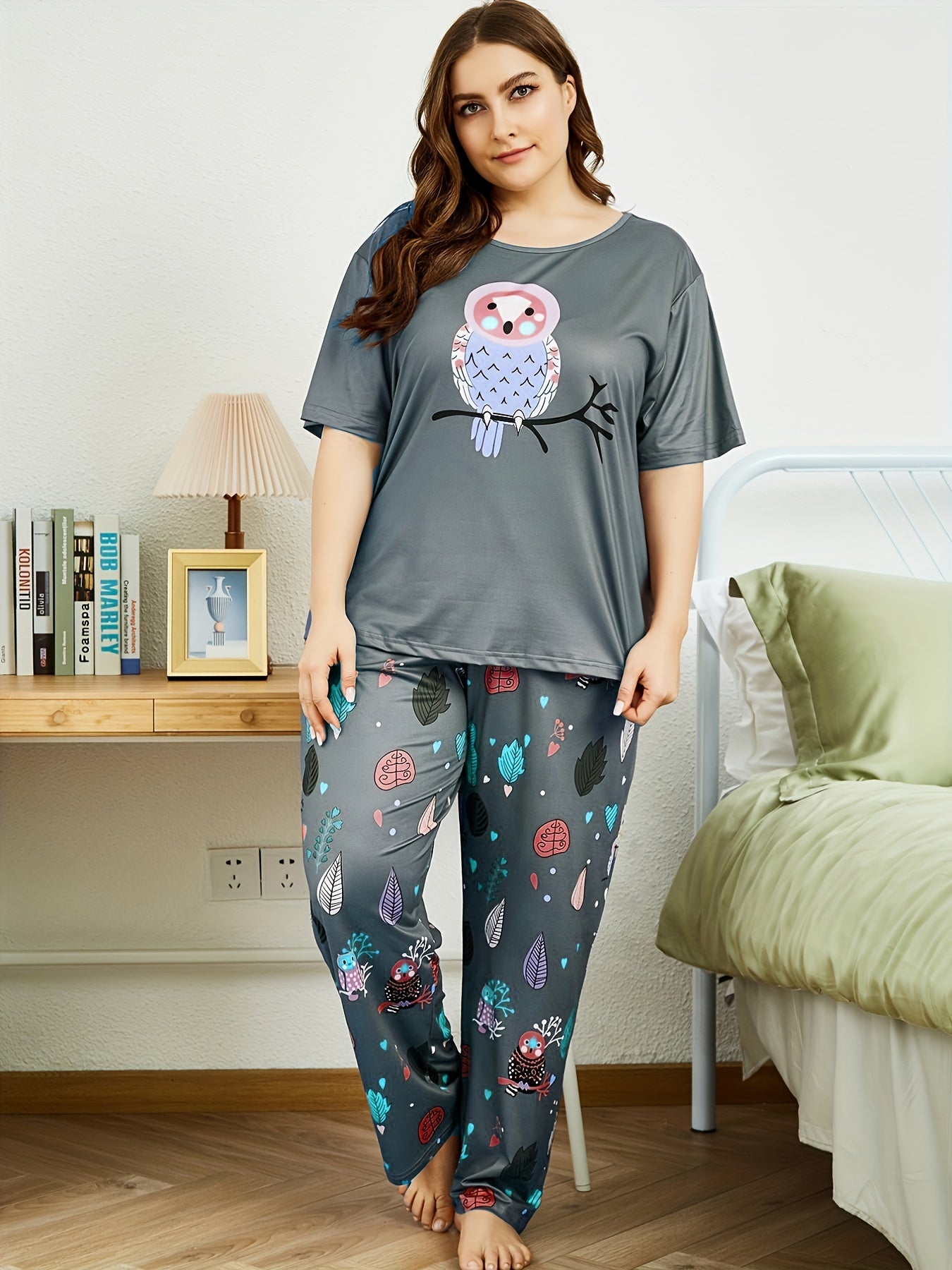  Owl Print Short Sleeve Top & Leaf Pants Pajama Set