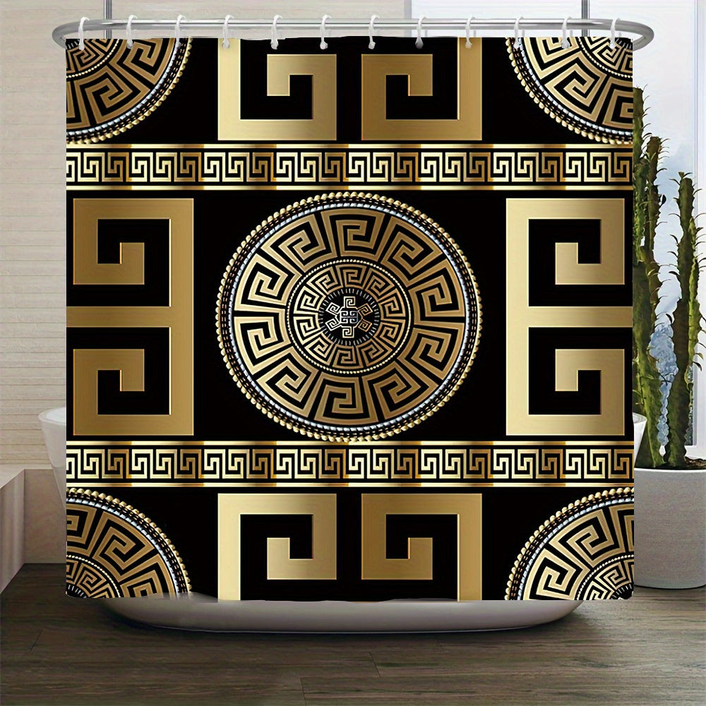 3pcs Greek Key Sinuous Shower Curtain & Bath Mat Set with Hooks