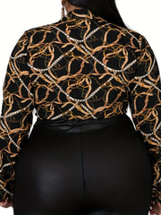  Sexy Blouse Women's Plus Chain Print Long Sleeve Knot Front Crop Top