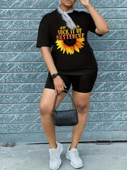  Letter & Sunflower Print Tee & Biker Shorts 2 Piece Set