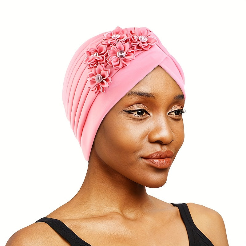 Rhinestone Flower Turban Cap Boho Elastic Head Wrap Beanie Head Scarf