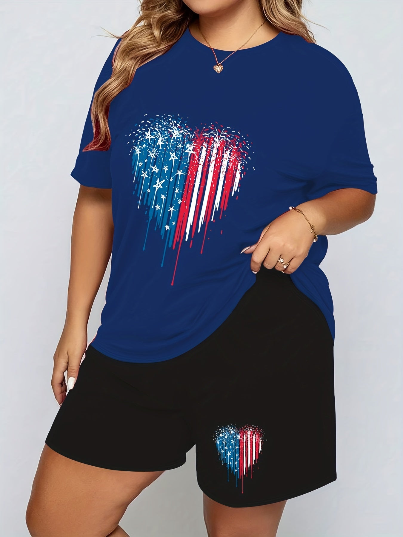  Flag Heart Print Pajama Set Women's Independence Tee & Shorts 2 Piece