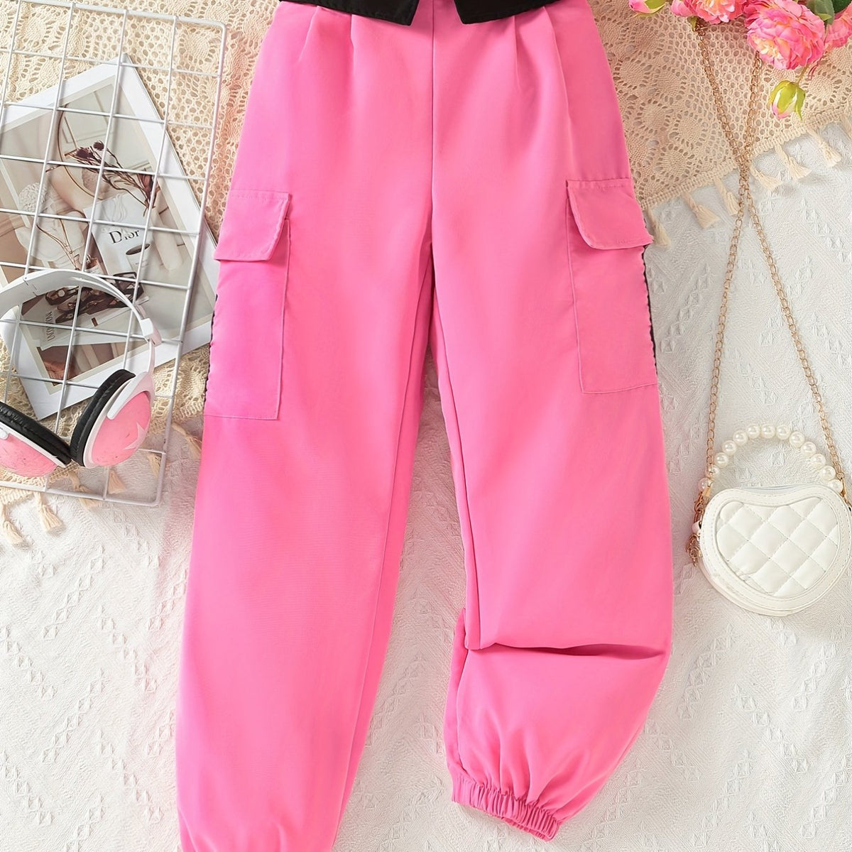 Girls' Casual Cargo Jogger Trousers with Pockets
