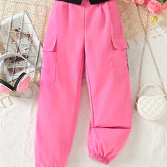 Girls' Casual Cargo Jogger Trousers with Pockets