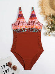 Colorblock Leopard Ruched Side One Piece Swimsuit