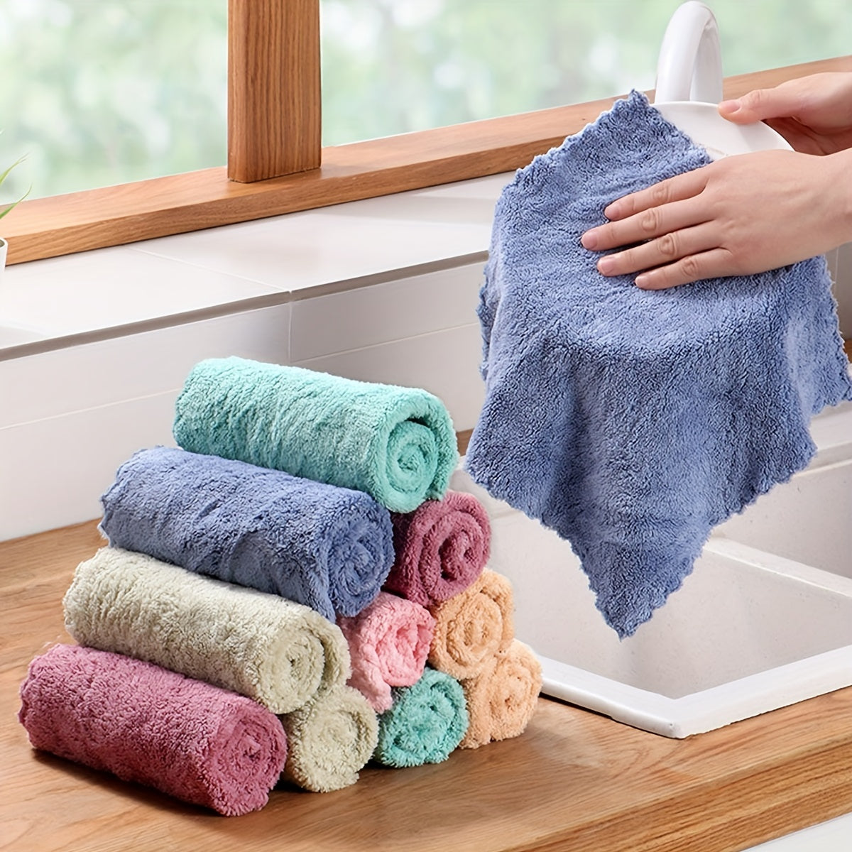 10pcs Bamboo Fiber Dishcloth Household Kitchen Absorbent Towel
