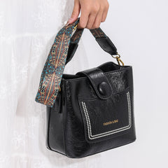 Retro Style Wax Leather Crossbody Bag Wide Strap Shoulder Purse