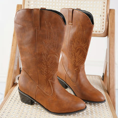 Women's Brown Wing Embroidery Chunky Heel Boots Point Toe Cowboy Boots