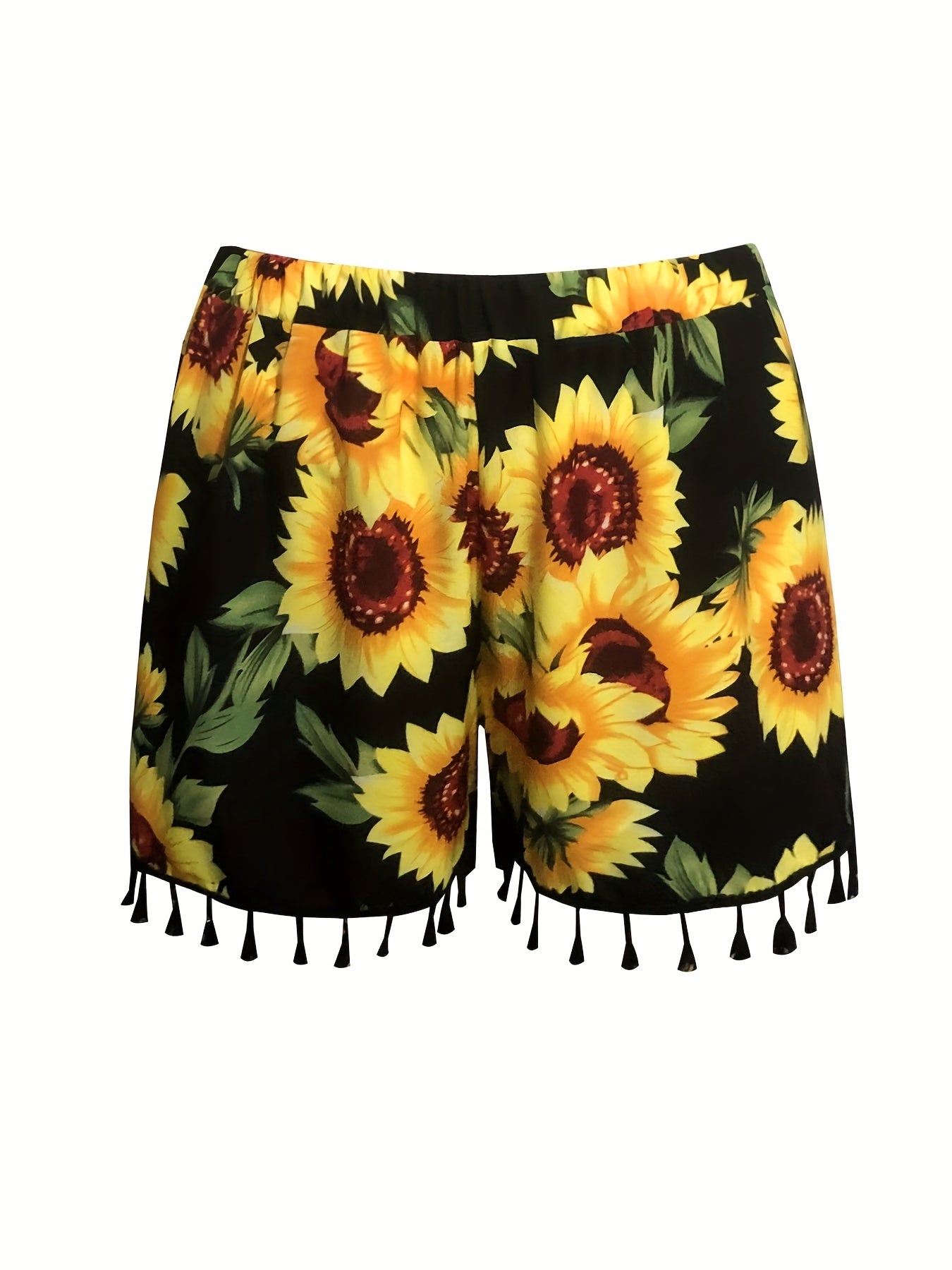  Sunflower Print Fringe Trim Wide Leg Shorts
