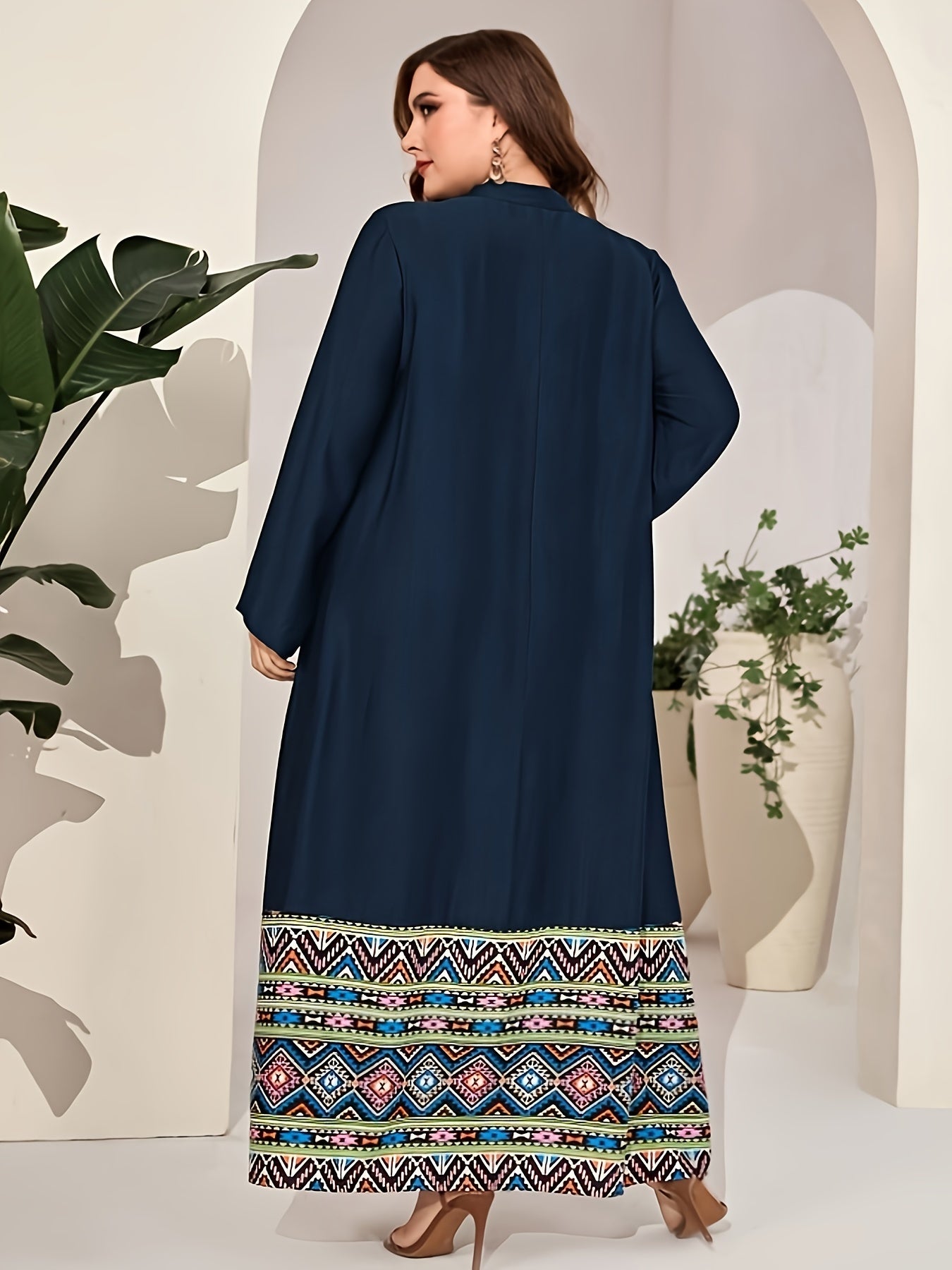  Geo Print Abaya Dress Long Sleeve Maxi Jalabiya