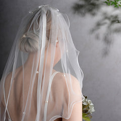 Pearl Bowknot Short Wedding Veil Soft Tulle Bridal Accessory