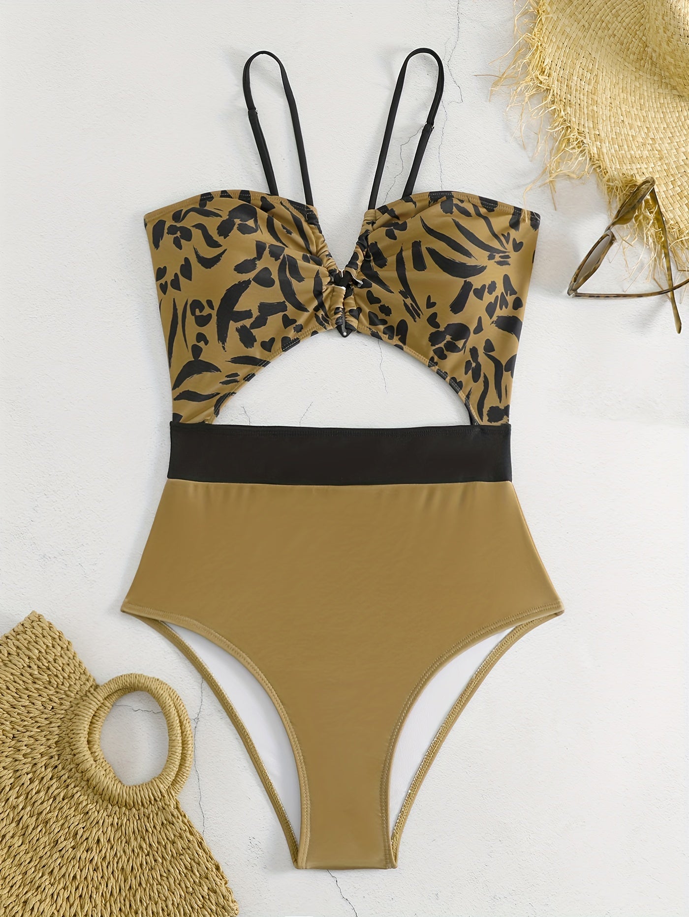  Casual One Piece Swimsuit Printed V Neck Cut Out Cami