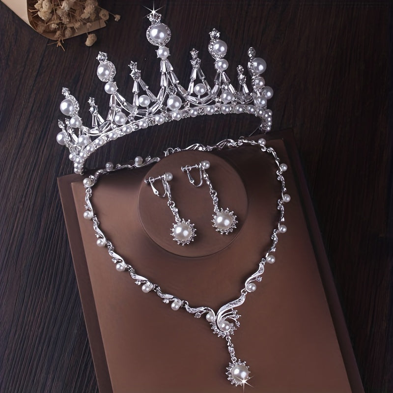 Girls Crown Wedding Dress Beads Rhinestone Three piece Bridal Jewelry Set