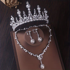 Girls Crown Wedding Dress Beads Rhinestone Three piece Bridal Jewelry Set