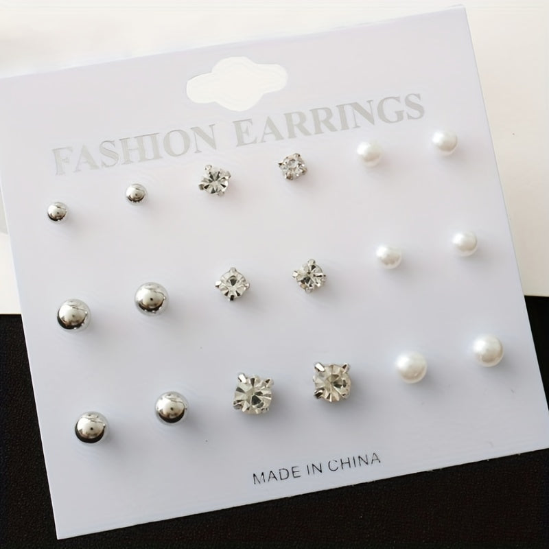 9 Pairs Round Faux Pearl Stud Earrings Set Silver Plated