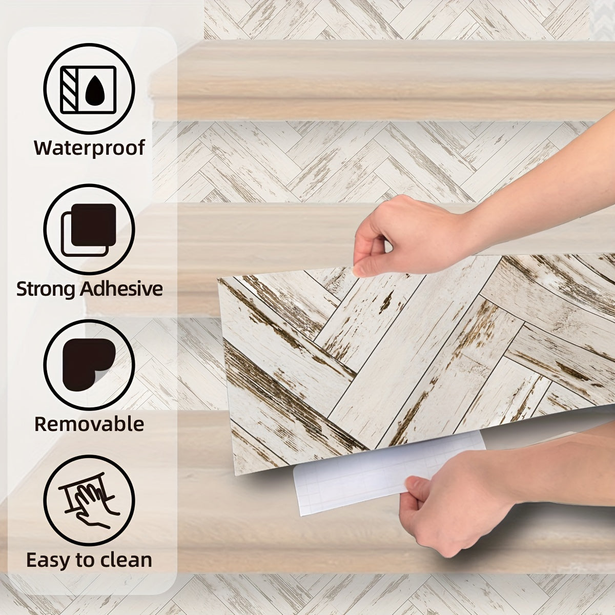 Wood Grain V Shaped Stair Stickers Moisture-proof - Self-adhesive