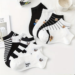 Cow & Bear Print Socks & Lightweight Cartoon Ankle Socks Women's Stockings