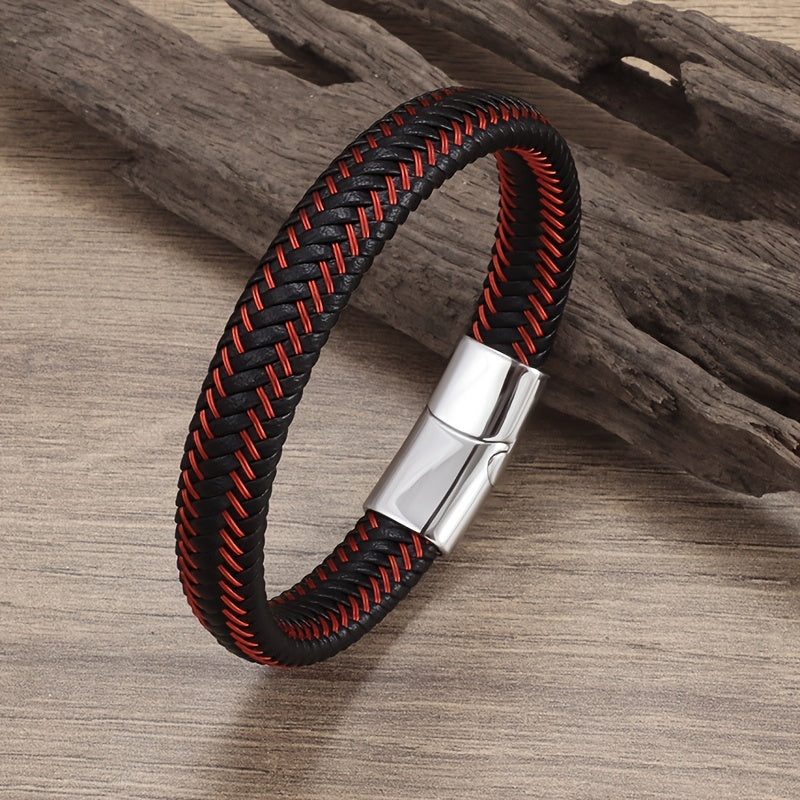 Men's Red Leather Braided Bracelet Magnetic Buckle