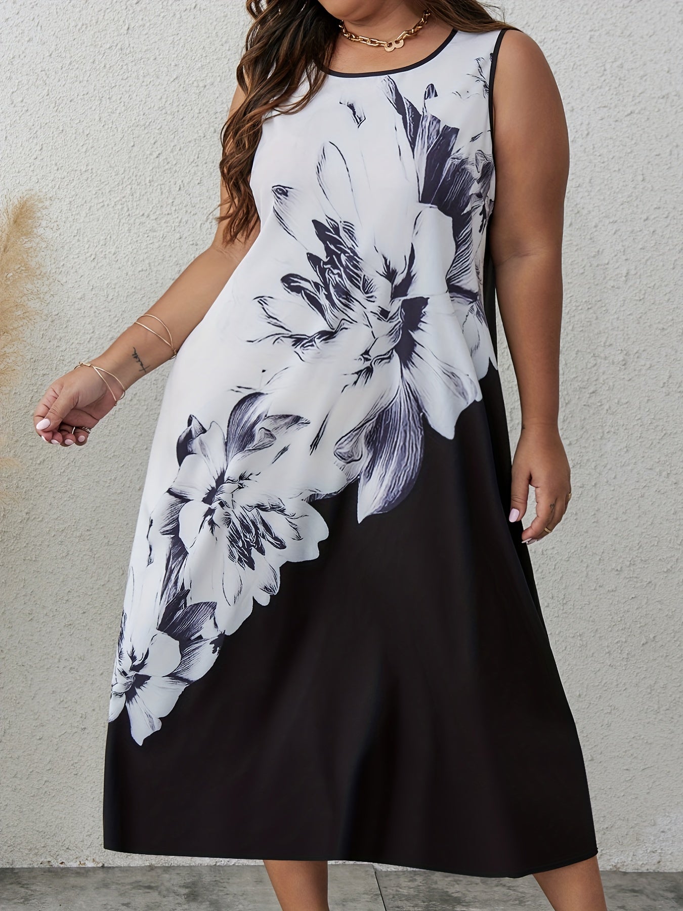 Floral Print Stretch Midi Tank Dress