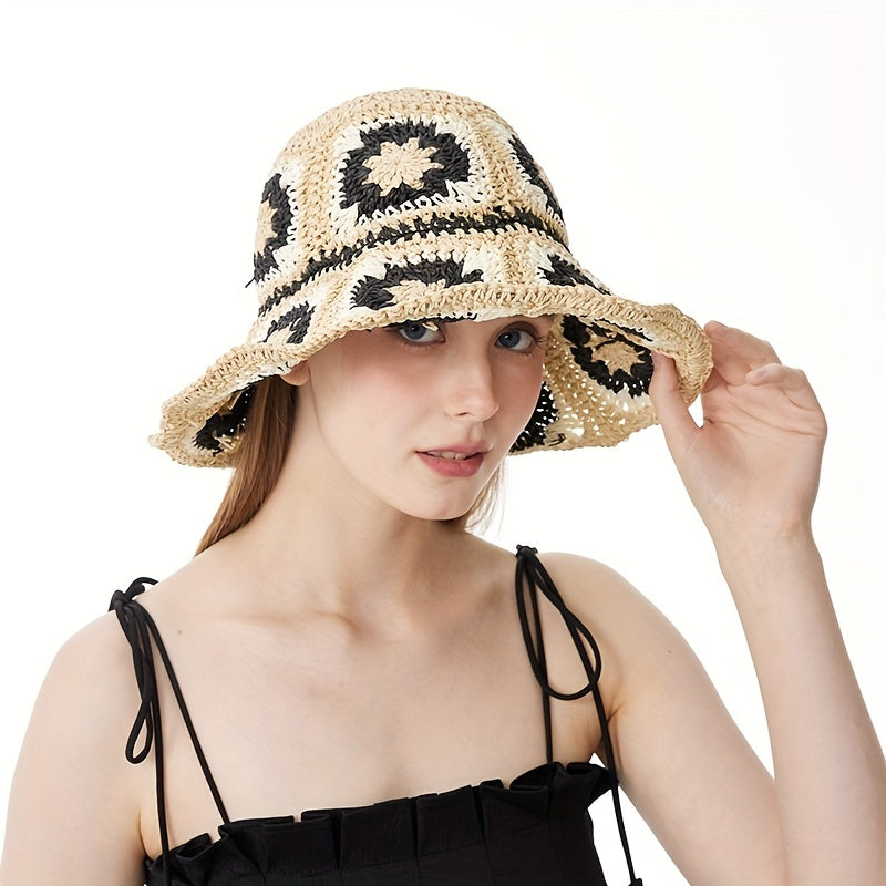Vintage Rainbow Flower Bucket Hat Hand Crochet Foldable Straw Beach Hats