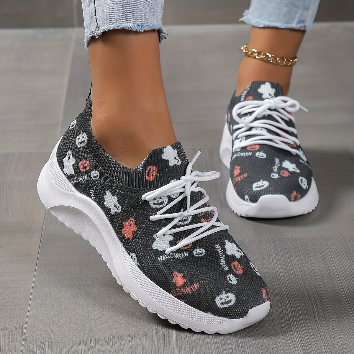 Halloween Pumpkin & Ghost Print Mesh Sneakers