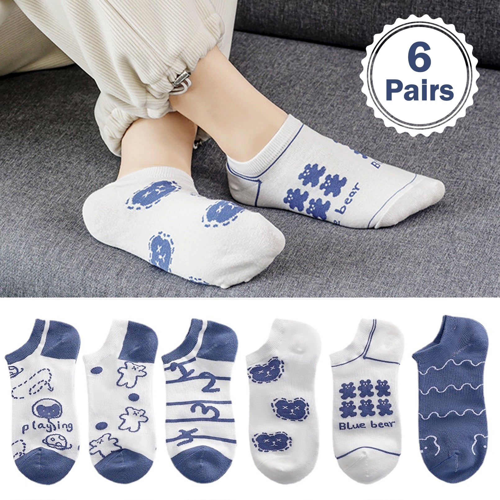 6 Pairs Bear & Bunny Print Short Socks & Ankle Socks Women's Stockings
