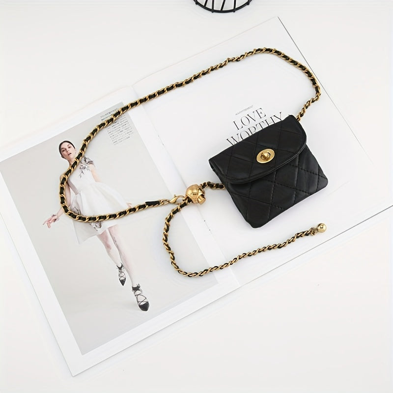 Rhombus Embossed Waist Bag Belt Stylish PU Golden Chain Waist Belt