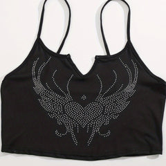 Y2K Rhinestone Heart Cami Top Notched Neck Women's Clothing