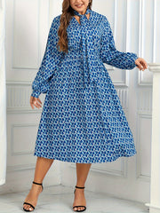 Women's Plus Allover Print Lantern Sleeve Midi Dress