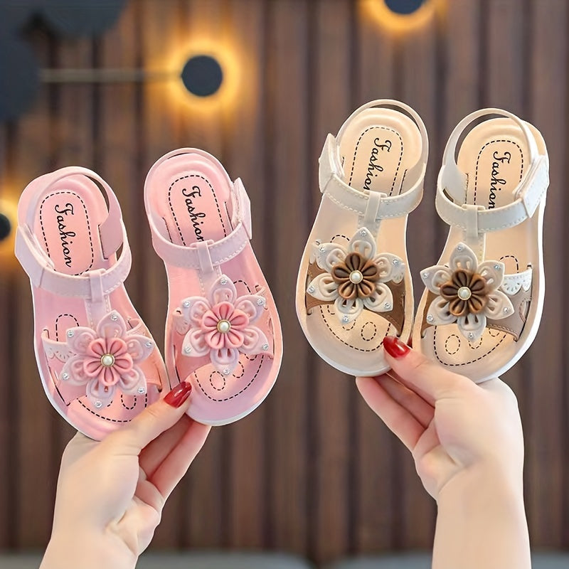 Girls Flower Open Toe Hook And Loop Sandals Non Slip Princess Shoes For Kids
