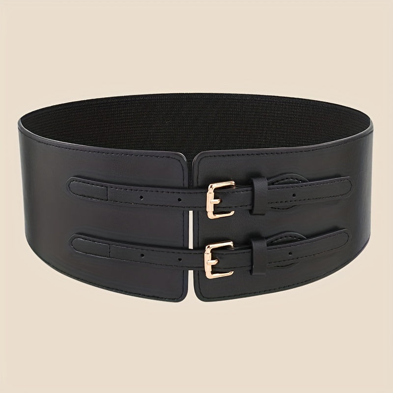 Double Rivet Belt Buckle Belt PU Wide Belt Elastic Waistband for Women