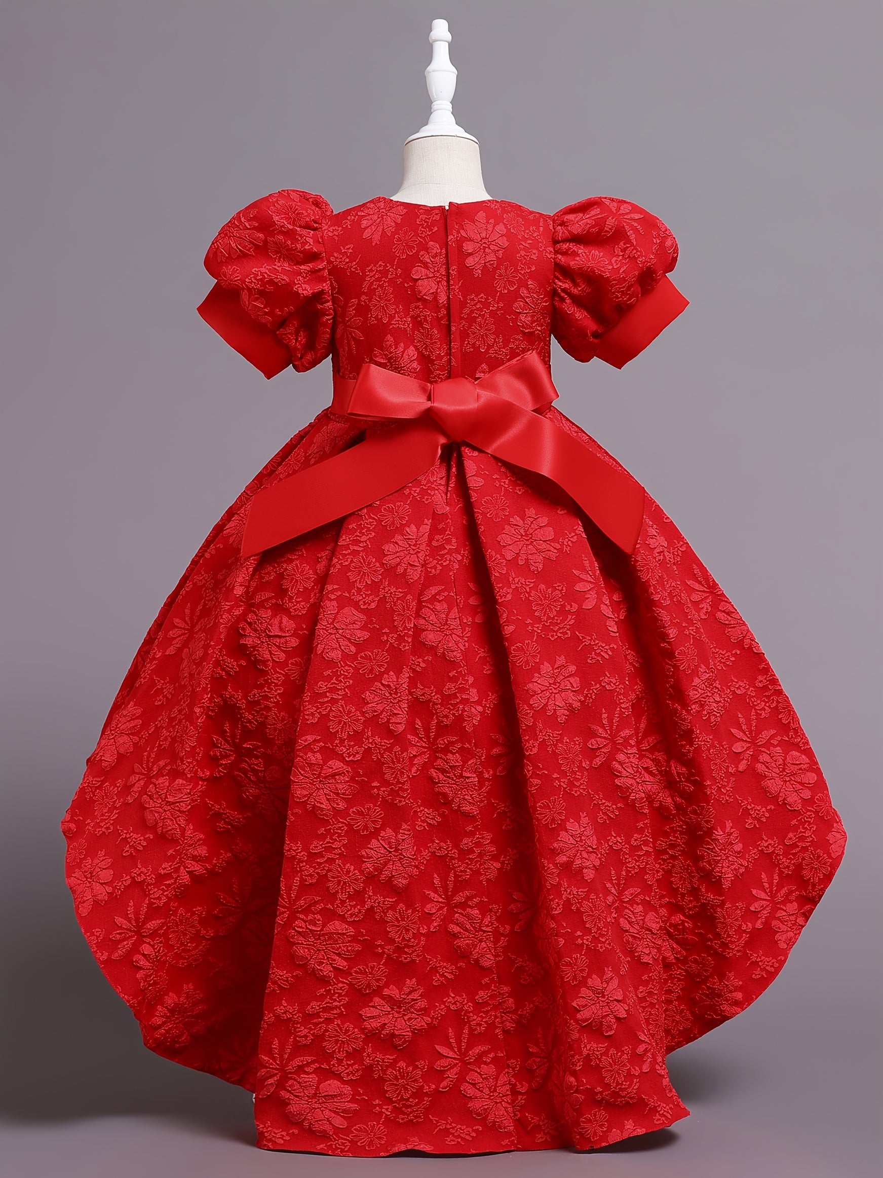 Girls' Formal Flower Jacquard Bubble Sleeve Trailing Evening Dress