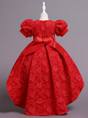 Girls' Formal Flower Jacquard Bubble Sleeve Trailing Evening Dress